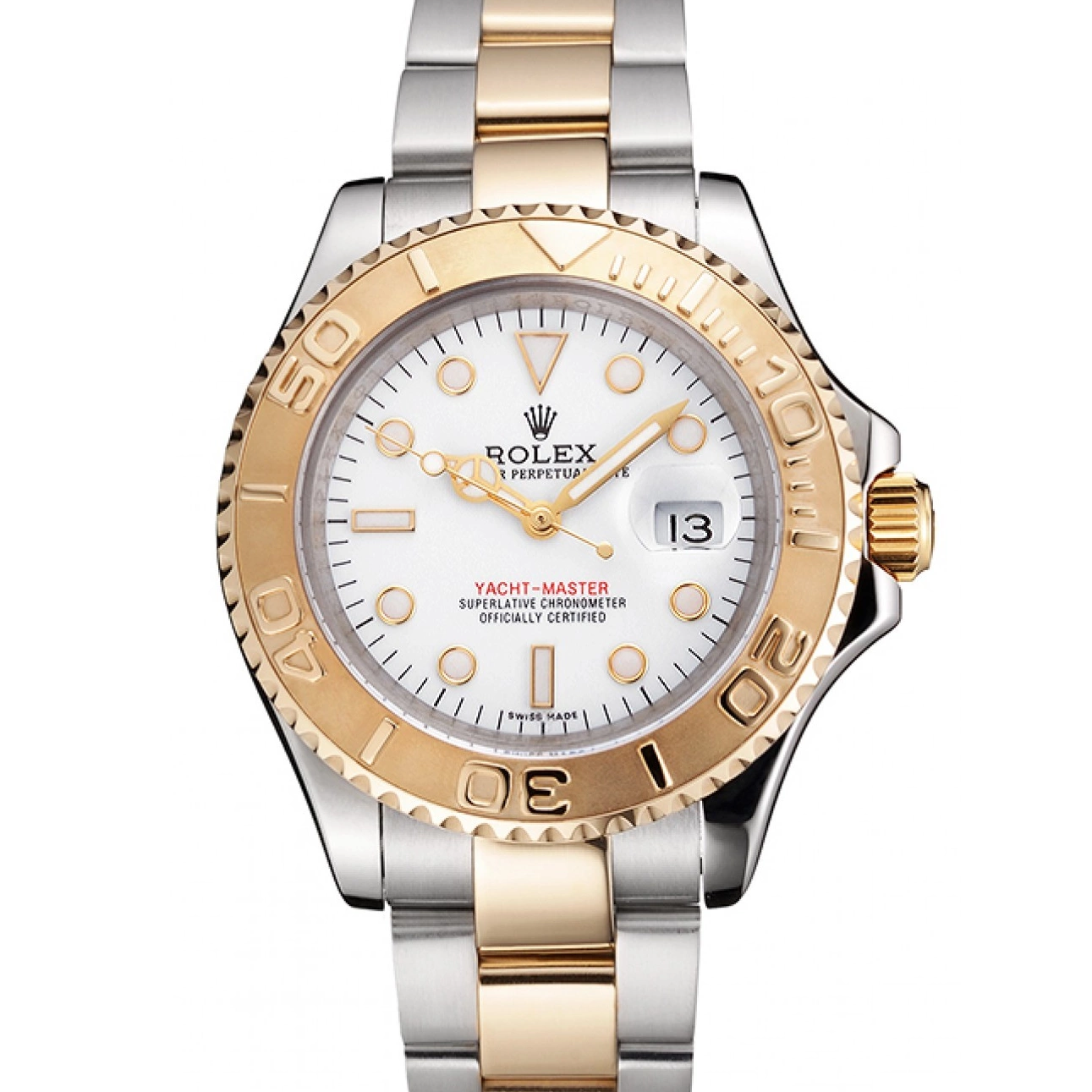 Aaa replica watch Case Tone Steel Yacht-Master Two Dial Stainless Bezel Gold White Swiss Bracelet Rolex 0725